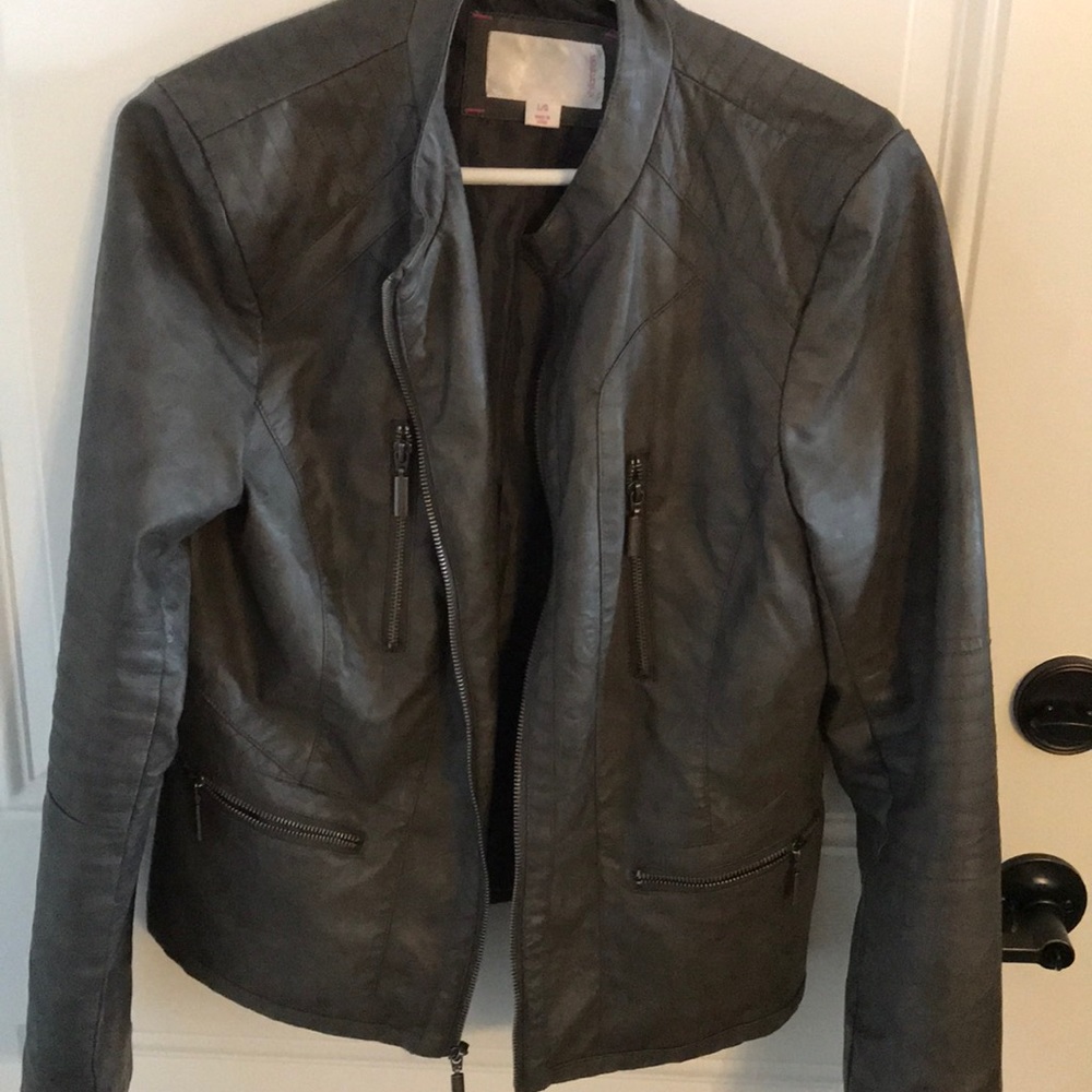Dark grey faux leather bomber jacket